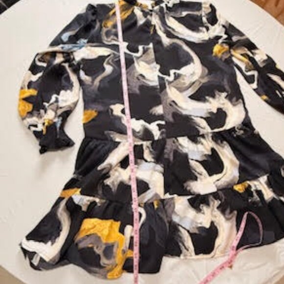 Nine West Abstract Print Long Sleeve Tiered Mini Dress Black/White/Yellow XL - Picture 9 of 9